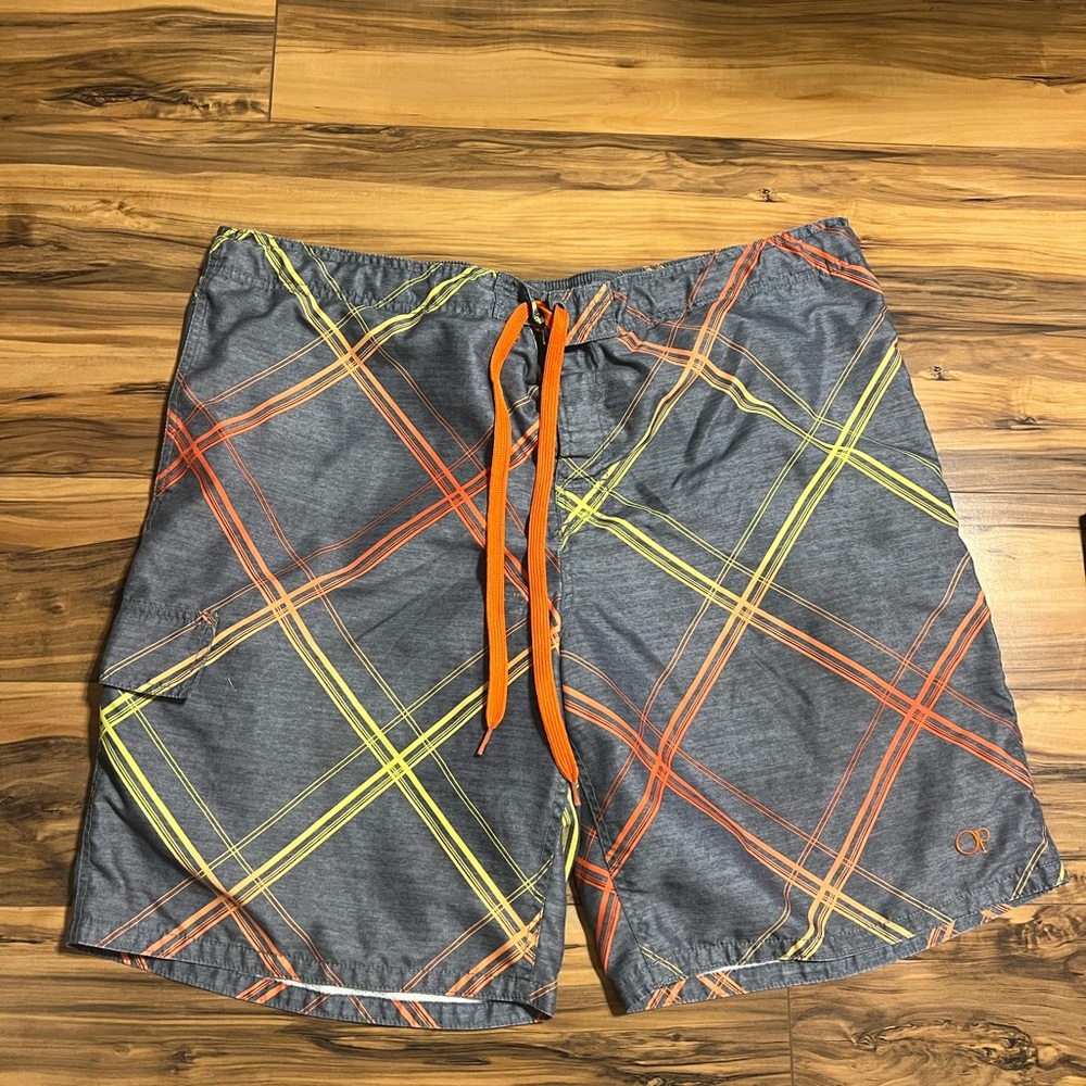 Men's OP Gray Swim Shorts with Orange and Yellow Accents